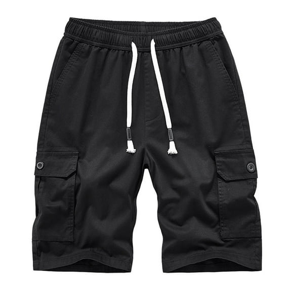 VSSSJ Men's Cargo Shorts Loose Fit Drawstring Elastic Waist Solid Color Short Pants with Multi-Pockets Leisure Breathable Quick Drying Shorts Black XXL