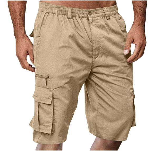 VSSSJ Men's Cargo Shorts With Button Fly Zipper Elastic Waist Multiple Pockets Loose Fit Lightweight Outdoor Casual Work Utility Shorts Khaki L