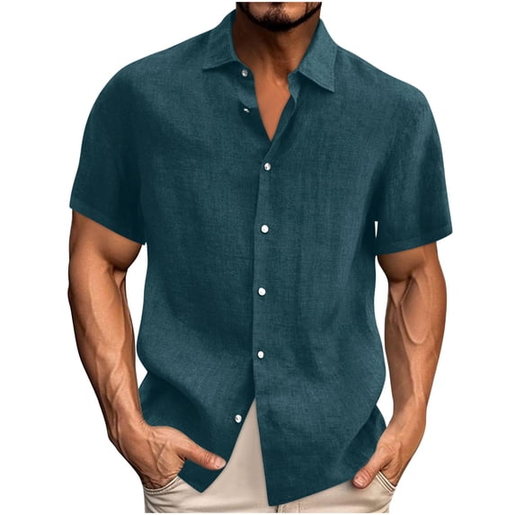 VSSSJ Men's Casual Beach Shirt Short Sleeve Button Down Shirts Cotton Linen Loose Fit Lapel Collar Breathable Vacation Summer Shirt Navy M