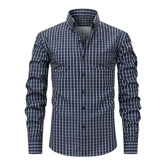 VSSSJ Men's Casual Button Down Plaid Shirts Wrinkle Free 4-Way Stretch Dress Shirs Long Sleeve Business Office Shirts for Men Navy XXL