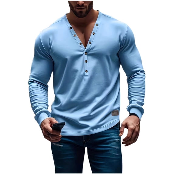 VSSSJ Men's Casual Button V Neck T-Shirt Long Sleeve Henley Shirts Loose Solid Color Lightweight Athletic Gym Pullover Tees Tops Sky Blue XXL