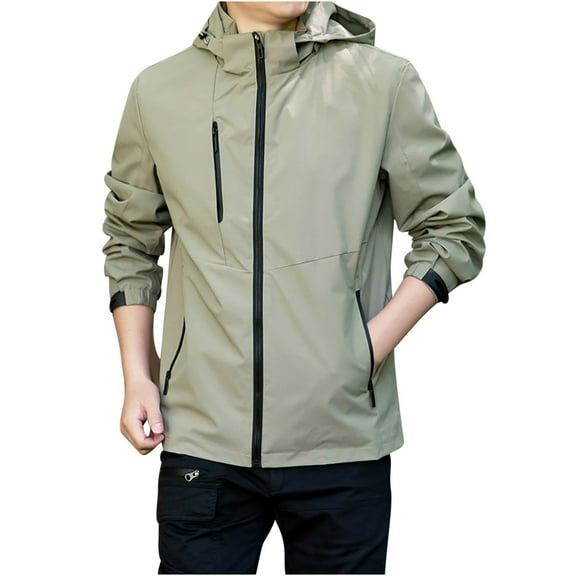 VSSSJ Men's Casual Cargo Jackets Big and Tall Solid Color Long Sleeve Zip Up Hooded Jacket with Pocket Fashion Outdoor Lightweight Hiking Outwear Khaki XXXXL