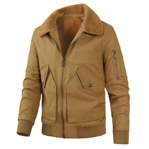 VSSSJ Men's Casual Fleece Jacket with Pocket Slim Fit Solid Color Long Sleeve Zip Up Turndown Collar Coat Comfy Thermal Comfortable Cardigan Jackets Khaki XXXL