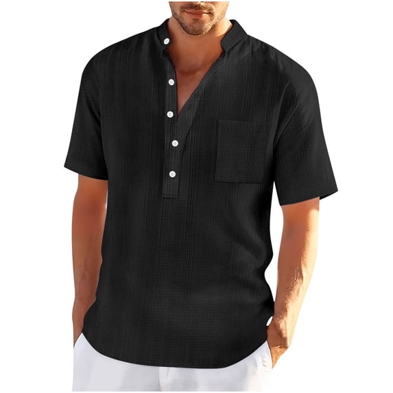 VSSSJ Men's Casual Henley Shirt Button Up Band Collar Short Sleeve Pocket Shirt Loose Breathable Summer Beach Hippie Shirt Black S