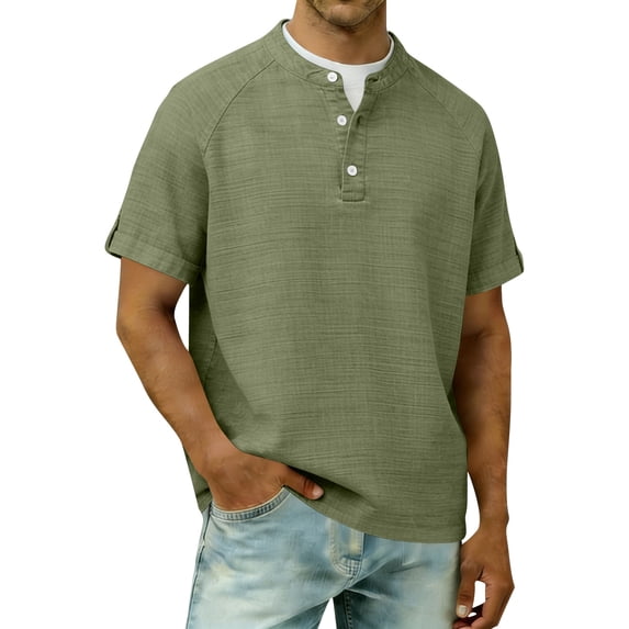 VSSSJ Men's Casual Henley Shirts Short Sleeve Button Up Crewneck Cotton Linen Shirt Vintage Loose Summer Beach Vacation Shirts Army Green XXXXL