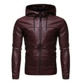 thumbnail image 1 of VSSSJ Men's Casual Leather Jacket with Drawstring Hooded Relaxed Fit Solid Color Long Sleeve Zip Up Youth Coats Leisure Outdoor Windproof Jackets Wine XXL, 1 of 8