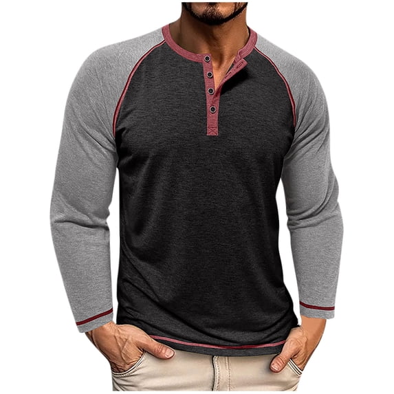 VSSSJ Men's Casual Long Sleeve Henley Shirt Color Block Round Neck Button Raglan Tops Loose Fit Lightweight Comfortable Fall Shirt Black M