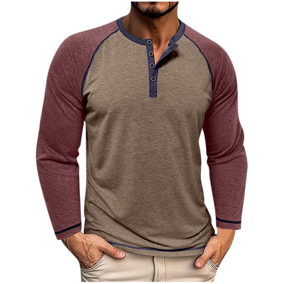 VSSSJ Men's Casual Long Sleeve Henley Shirt Color Block Round Neck Button Raglan Tops Loose Fit Lightweight Comfortable Fall Shirt Khaki S