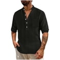 thumbnail image 1 of VSSSJ Men's Casual Long Sleeve Henley Shirts Linen Relaxed Fit Button Up Pocket Band Collar Hippie Beach Vacation T-Shirt Tops Black XXXL, 1 of 9
