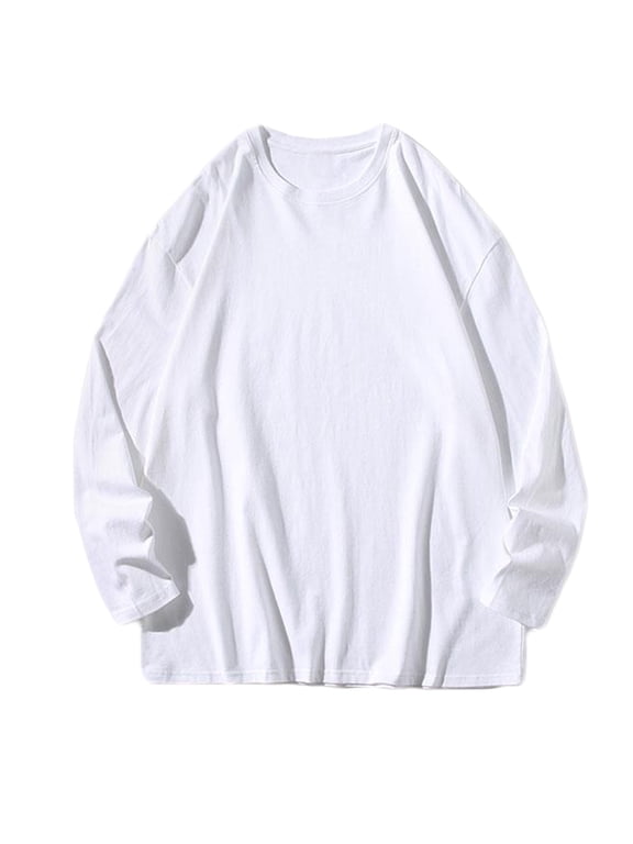Men's Casual Round Neck Sweatshirts Plus Size Solid Color Long Sleeve Pullover Tops Fashion Thin Lightweight Bottoming Sweatshirt White XXXL