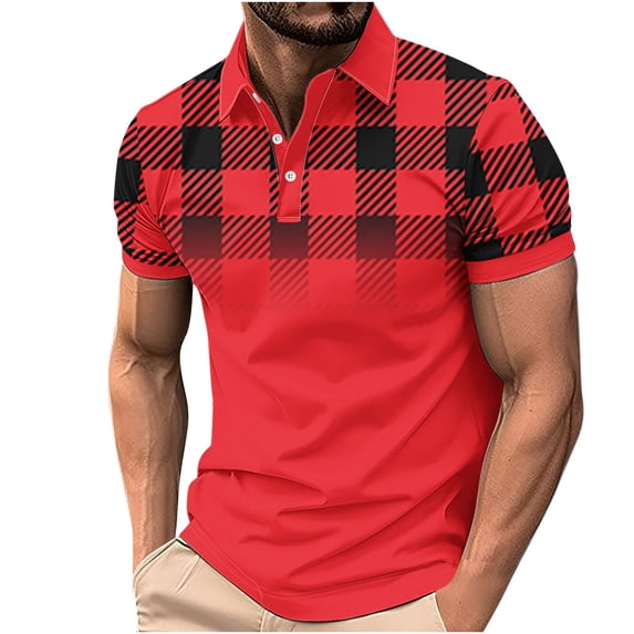 VSSSJ Men's Casual Shirts Fashion Classic Short Sleeve Plaid Print Button T-Shirt Lightweight Muscle Fit Golf Tee Tops Red XXXL