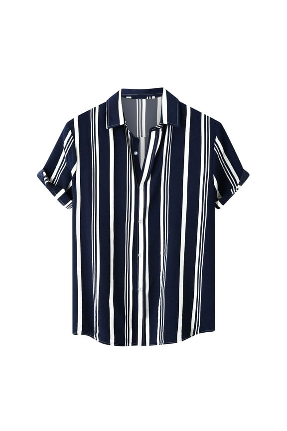 Men's Casual Shirts Slim Fit Striped Print Short Sleeve Button Down Turndown Collar Top Shirt Leisure Fashion Thin Walking Streetwear Navy XL