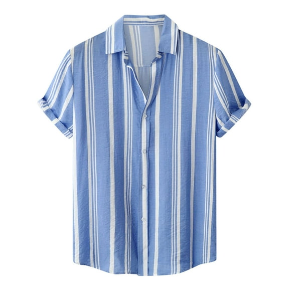 VSSSJ Men's Casual Shirts Slim Fit Striped Print Short Sleeve Button Down Turndown Collar Top Shirt Leisure Fashion Thin Walking Streetwear Sky Blue M