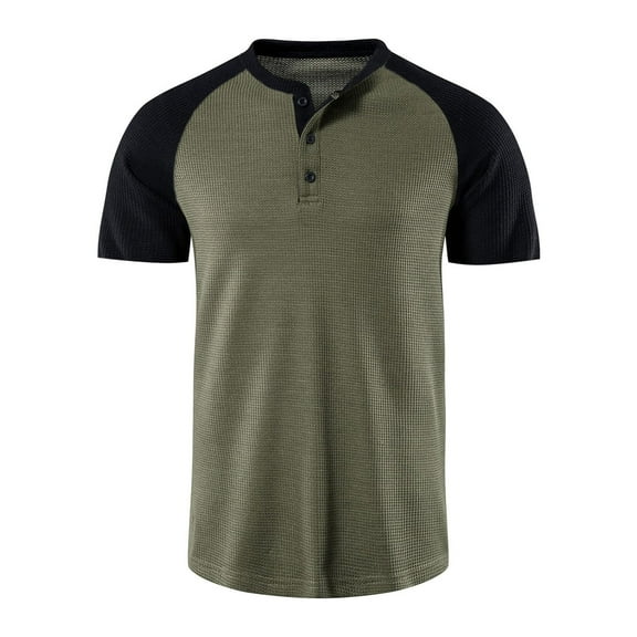 VSSSJ Men's Casual Short Sleeve Henley Shirt Button Up Crewneck Raglan Color Block Tees Comfy Gym Waffle Fitness Sports T-Shirts Green XXL