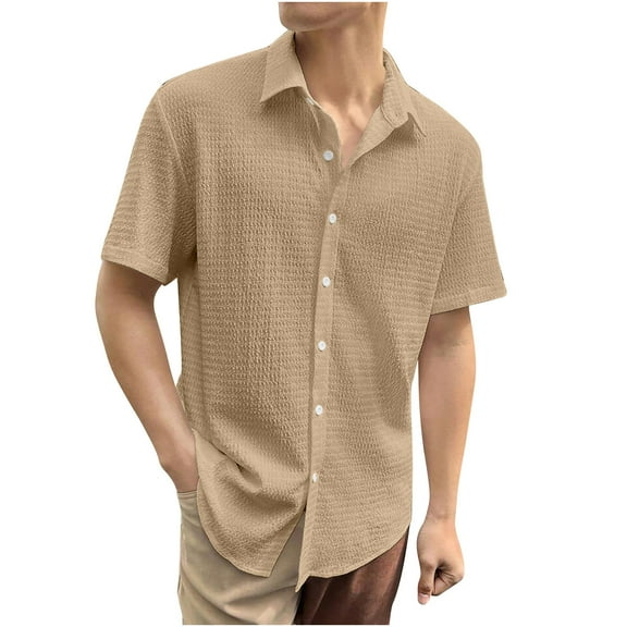 VSSSJ Men's Casual Short Sleeve Shirt Button Down Relaxed Fit Summer Lapel Collar Smocked Comfy Breathable Vacation Beach Shirts Khaki M