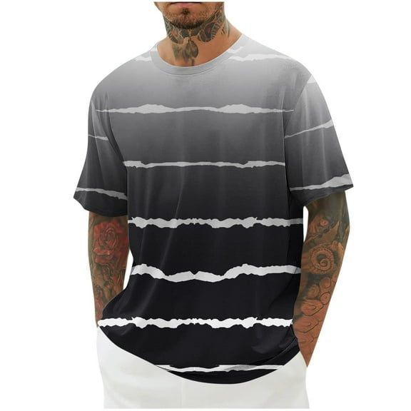 VSSSJ Men's Casual Stylish Gradient Striped T-Shirt Short Sleeve Summer Relaxed Fit Tees Big and Tall Gym Workout Fitness T Shirt Black L