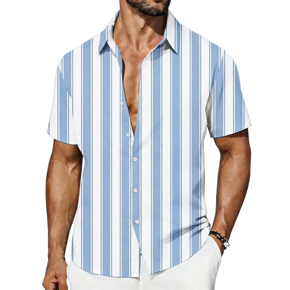 VSSSJ Men's Casual Stylish Striped Shirt Short Sleeve Button Down Collared Shirt Hawaiian Relaxed Fit Summer Beach Vacation Shirts Light Blue XXXXXL
