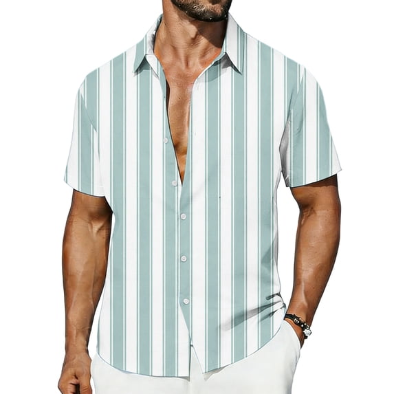 VSSSJ Men's Casual Stylish Striped Shirt Short Sleeve Button Down Collared Shirt Hawaiian Relaxed Fit Summer Beach Vacation Shirts Mint Green XL