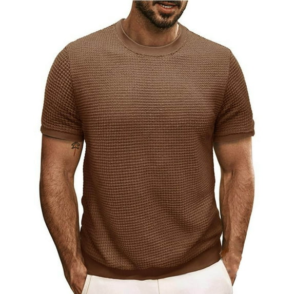 VSSSJ Men's Casual T-Shirts Retro Crewneck Short Sleeve Knit Tops Muscle Fit Summer Waffle Solid Lightweight Pullover Tees Shirt Khaki M