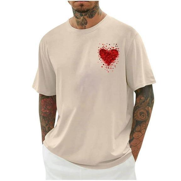 VSSSJ Men's Casual T Shirts Trendy Heart Printed Crewneck Baggy Tops Loose Fit Summer Short Sleeve Drop Shoulder Workout Tee Shirt Khaki S