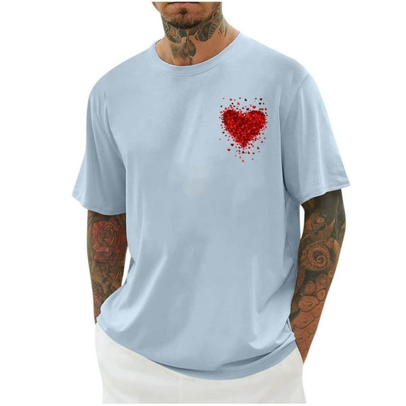 VSSSJ Men's Casual T Shirts Trendy Heart Printed Crewneck Baggy Tops Loose Fit Summer Short Sleeve Drop Shoulder Workout Tee Shirt Light Blue M