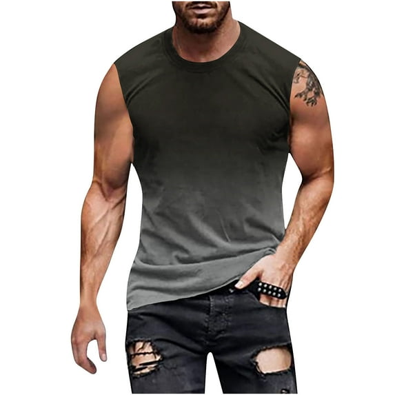 VSSSJ Men's Casual Tank Tops Big and Tall Gradient Color Sleeveless Round Neck Pullover T-Shirts Relax Fast Drying Gym Workout Bodybuilding Tees Black L