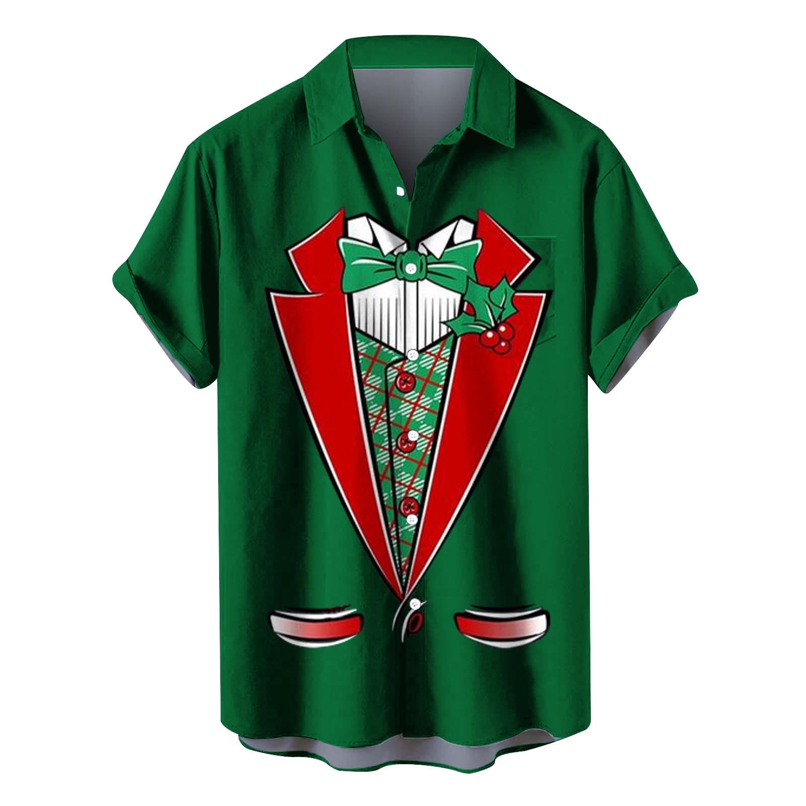 VSSSJ Men's Christmas Shirts Big and Tall Santa Claus Print Short Sleeve Button Down Lapel T