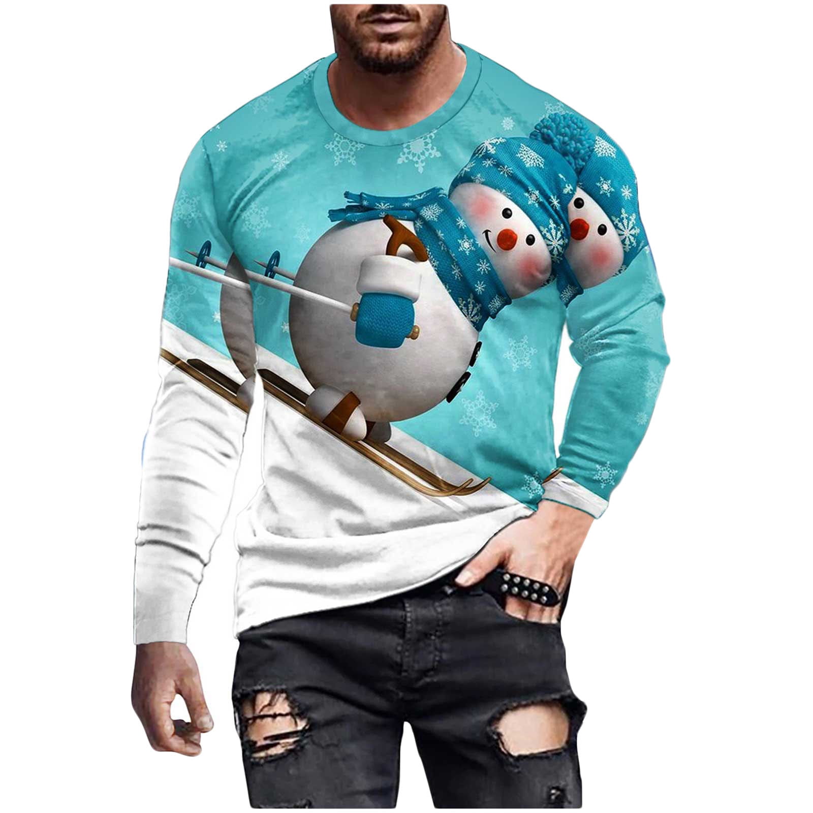 Vsssj Shirts for Men Big and Tall 3D Snowman Digital Print Long Sleeve Round Neck Pullover Tshirts Casual Christmas Stretchy Outdoor Streetwear Blue L