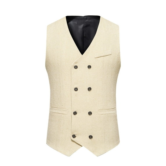 VSSSJ Men's Classic Vest Regular Fit Solid Color Double-breasted Sleeveless V-Neck Jackets Vintage Style Basic Outwear with Pocket Beige S