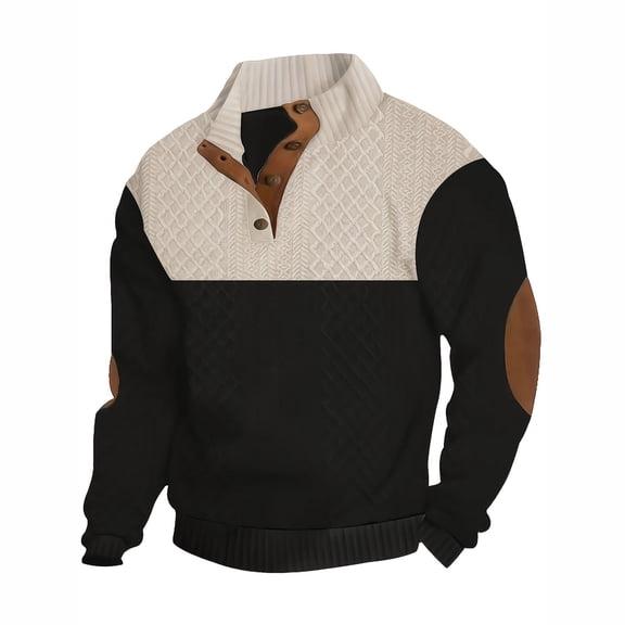 VSSSJ Men's Color Block Sweatshirt Button Textured Long Sleeve Stand Collar Casual Lightweight Outdoor Pullover Sweatshirt Black M