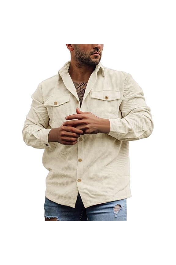 Men's Corduroy Button Cardigan Shirts Slim Fit Vintage Striped Long Sleeve Collared T-Shirts Fashion Wear-Resistant Shirt with Double Pocket Black M