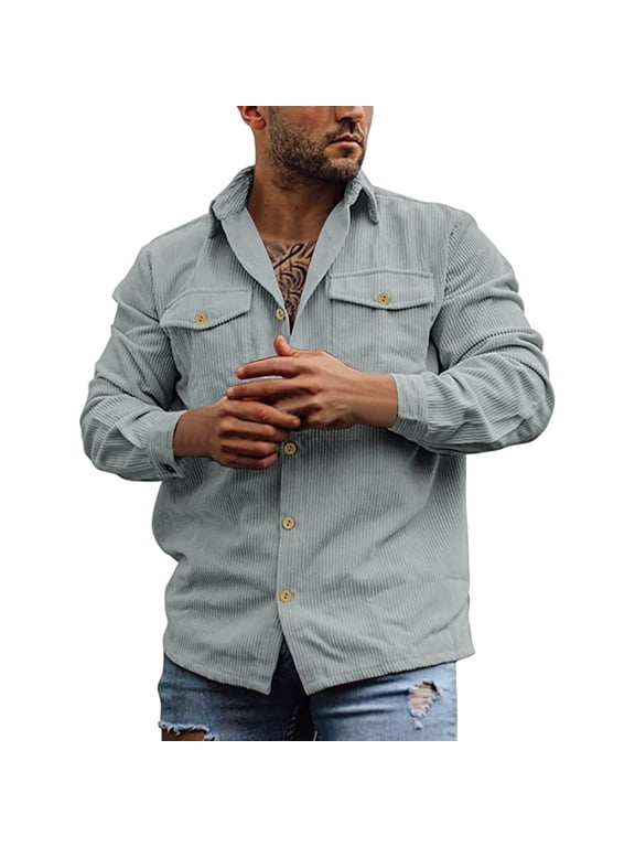 Men's Corduroy Button Cardigan Shirts Slim Fit Vintage Striped Long Sleeve Collared T-Shirts Fashion Wear-Resistant Shirt with Double Pocket Gray M