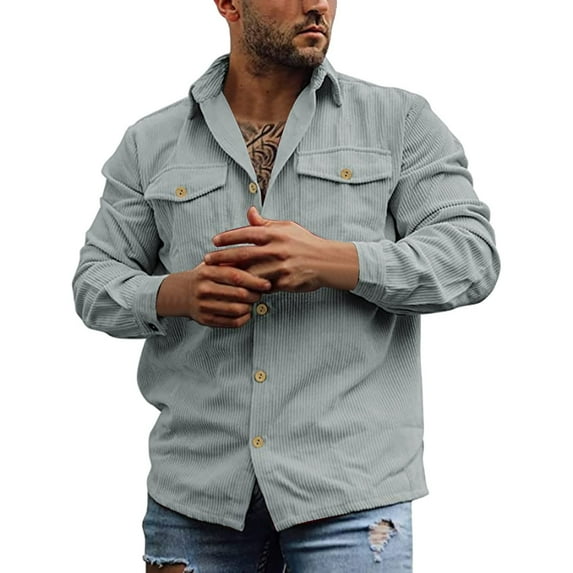 VSSSJ Men's Corduroy Button Cardigan Shirts Slim Fit Vintage Striped Long Sleeve Collared T-Shirts Fashion Wear-Resistant Shirt with Double Pocket Gray XL