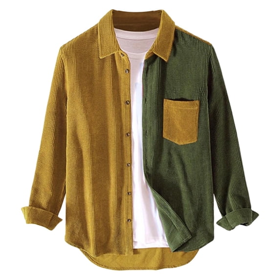 VSSSJ Men's Corduroy Shirt Jacket Color Block Button Down Long Sleeve Shirt Pocket Turndown Collar Comfortable Stylish Retro Casual Shirt Green L