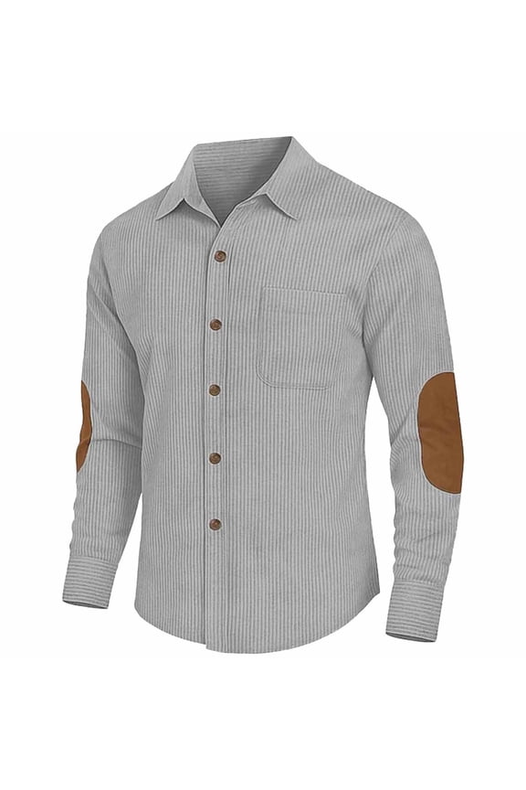 Men's Corduroy Shirts Button Down Long Sleeves Regular Fit Shirt Casual Loose Collared Pocket Work Shirt with Elbow Patches Gray M