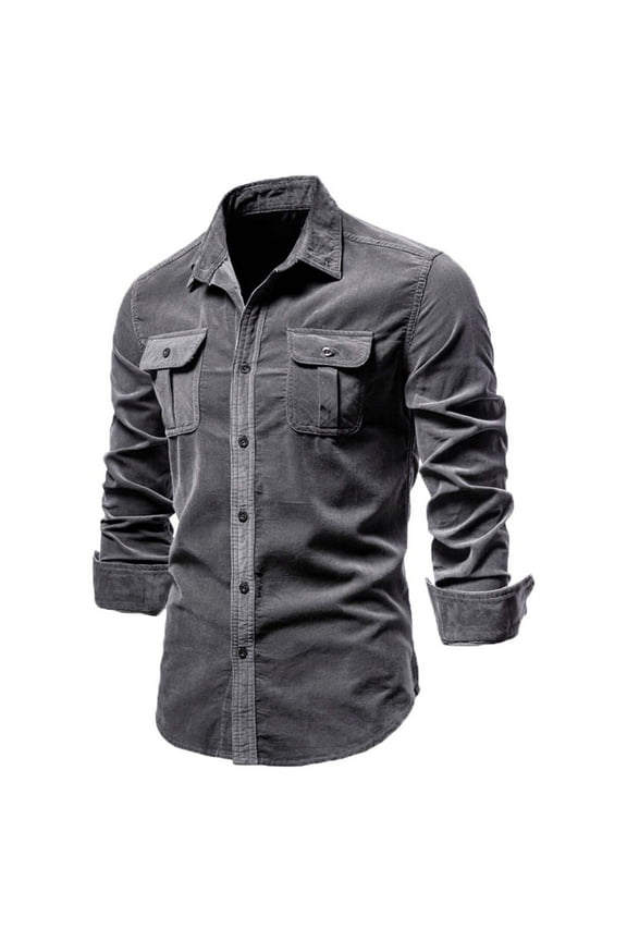 Men's Cotton Corduroy Shirts Regular Fit Solid Color Button Down Long Sleeve Turndown Collar Shirt Casual Soft Top Blouse with Pocket Gray XL