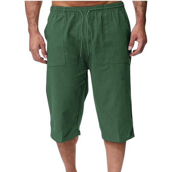 VSSSJ Men's Cotton Linen Capri Pants Loose Fit Casual Drawstring Elastic Waist Breathable Outdoor Vacation Summer Beach Pants With Pockets Green XL