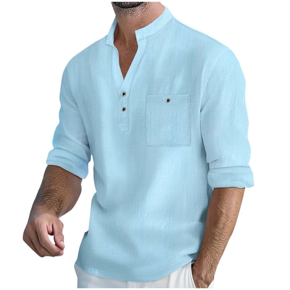 VSSSJ Men's Cotton Linen Henley Shirt Relaxed Fit Button Long Sleeve Hippie Shirt Stand Collar Pocket Casual Vacation Beach T-Shirts Light Blue S