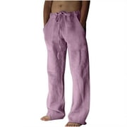 VSSSJ Men's Cotton and Linen Pants Big and Tall Elastic Waist Drawstring Full Length Solid Color Trousers Breathable Comfortable Soft Lounging Pants Purple XXXL