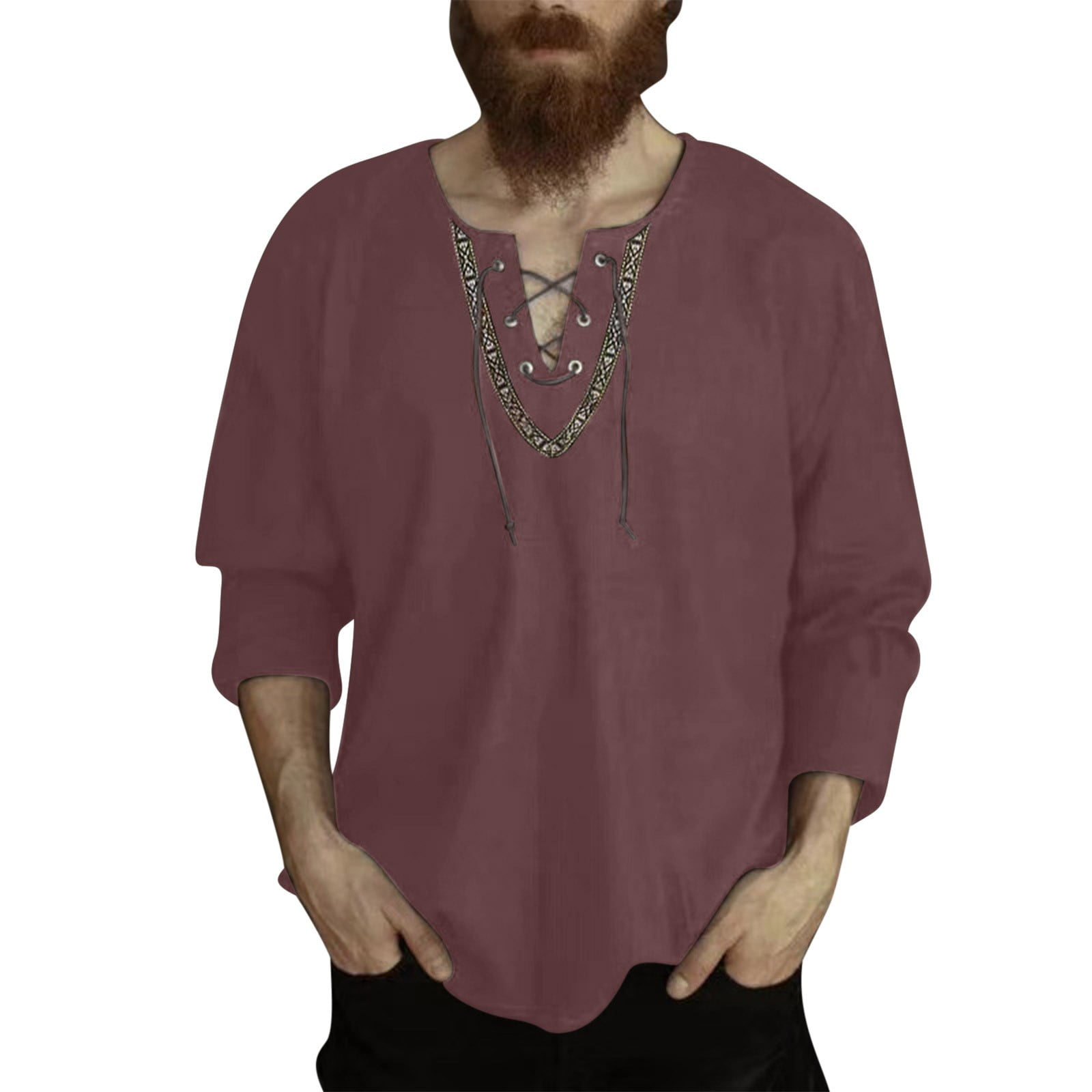 H2H Men's Linen Lace-Up Shirt - V Neck Long/Short Sleeve Yoga Beach Top Hippie Tee