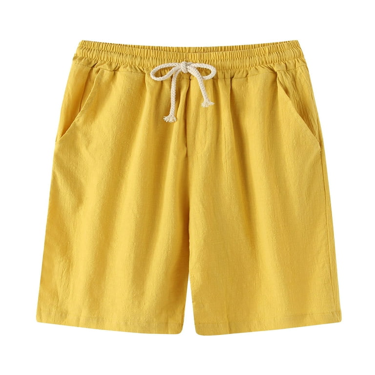 VSSSJ Men s Cotton and Linen Shorts Loose Fit Drawstring Elastic Waist Five Point Solid Color Beach Shorts Summer Thin Lightweight Short Pants Yellow