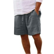 VSSSJ Men's Cotton and Linen Shorts Loose Fit Drawstring Elastic Waist Five Point Solid Color Short Pants Casual Breathable Straight Shorts Dark Gray XXXXL