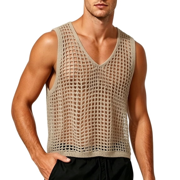 VSSSJ Men's Crochet Tank Tops Hollow Out Loose Knit Summer Sleeveless Tops Crew Neck Casual Vacation Beach See Through T Shirts Khaki Free Size