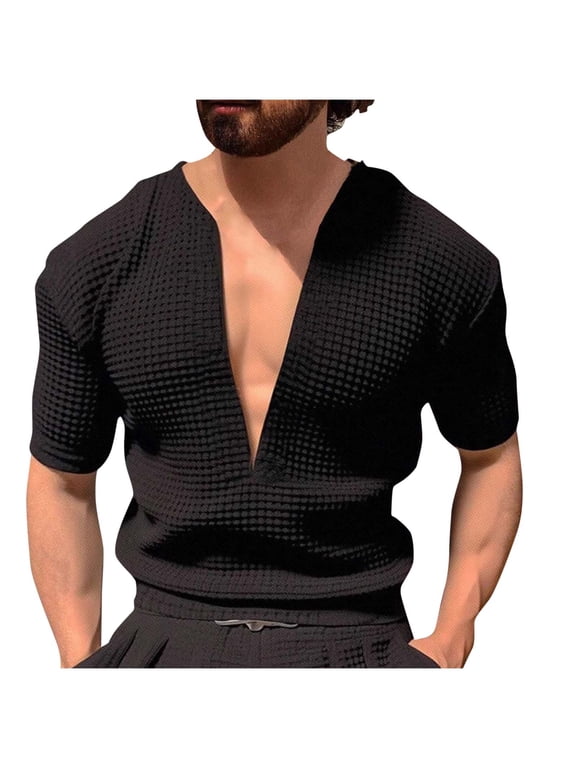Men's Deep V Neck T Shirts Knit Textured Short Sleeve Casual Plain Lightweight Summer Beach Vacation Tee Shirts Trendy Streetwear Black S