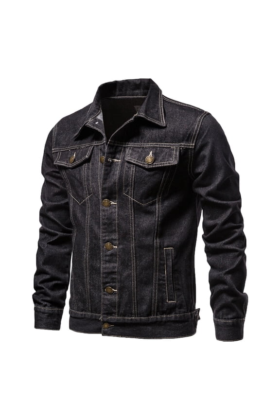 Men's Denim Cargo Jackets Big and Tall Solid Color Long Sleeve Collared Jackets with Pockets Casual Fashion Outdoor Workout Jackets Black XXXL