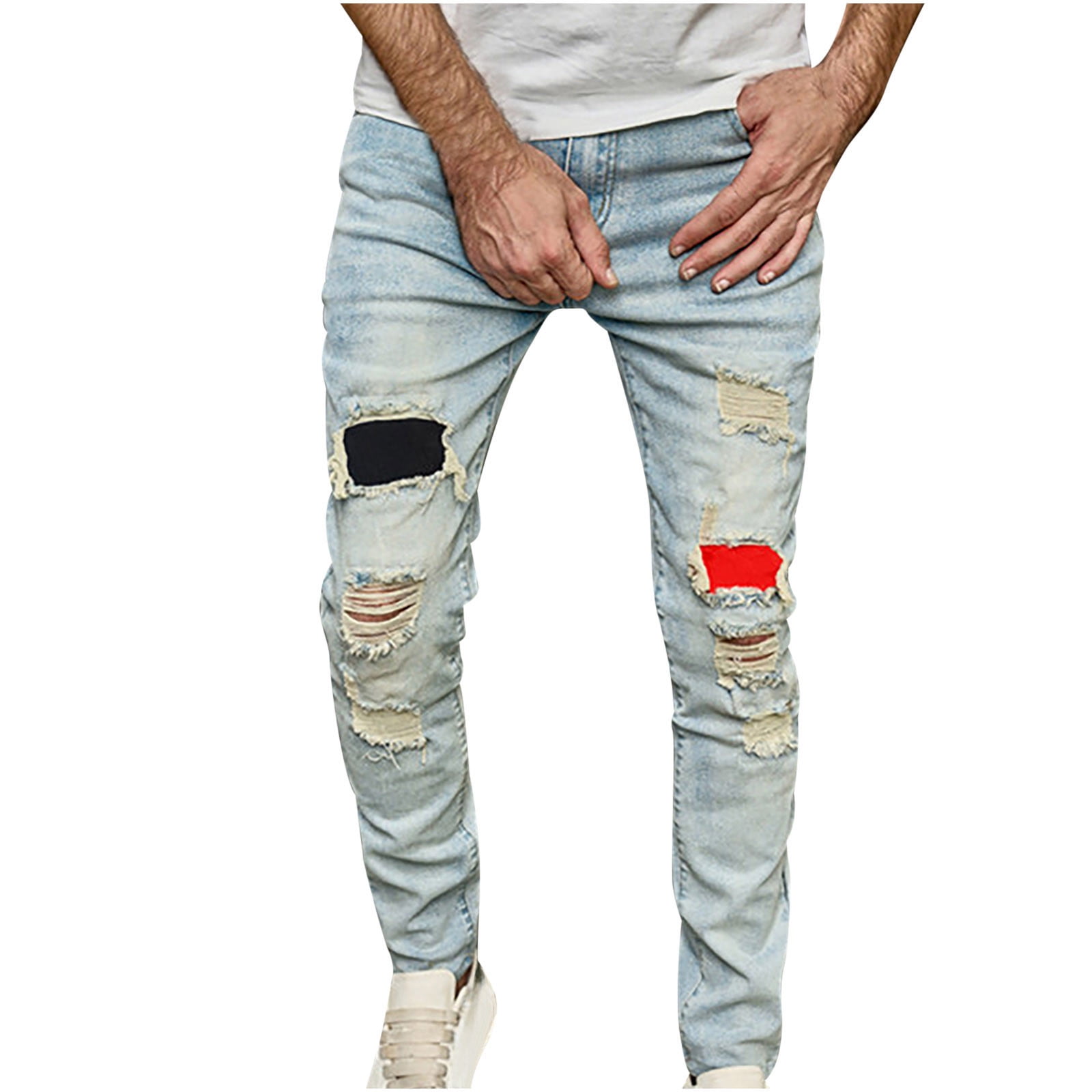 VSSSJ Men's Denim Pants Loose Fit Ripped Zipper Button Micro