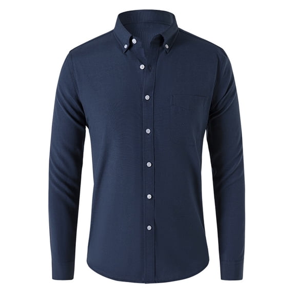 VSSSJ Men's Dress Shirts Classic Fit Long Sleeves Lapel Button Down Blouses Turndown Collar Solid Color Simple Basic Business Office Shirt Blouse Navy L