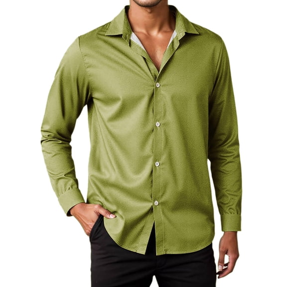 VSSSJ Men's Dress Shirts Long Sleeve Button Down Shirts Regular Fit Lapel Collar Casual Solid Color Simple Basic Shirts for Men Green XL