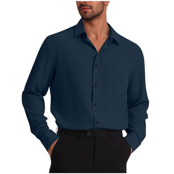 VSSSJ Men's Dress Shirts Regular Fit Long Sleeve Button Down Lapel Stretch Wrinkle Free Business Formal Wedding Prom Shirt Dark Blue XXXL