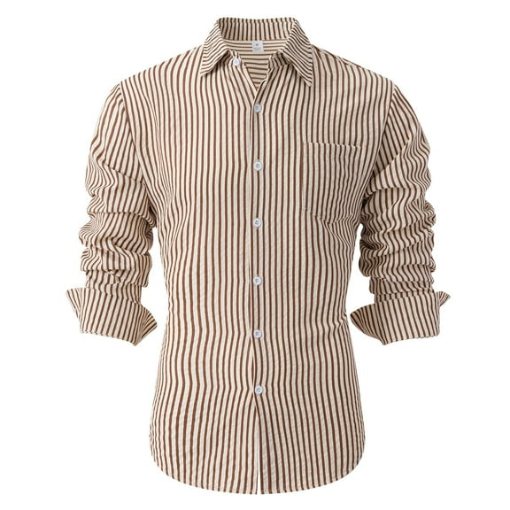 VSSSJ Men's Dress Shirts Striped Business Casual Button Down Shirt Slim Fit Long Sleeve Lapel Collared Shirt Office Work Shirts for Men Brown XXL